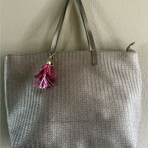 Bath and Body Works light gold Tote Bag with Pink Tassel